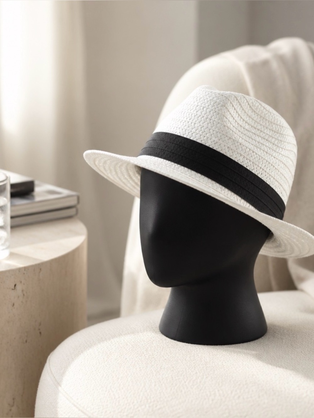 White and Black Straw Fedora Hat unisex